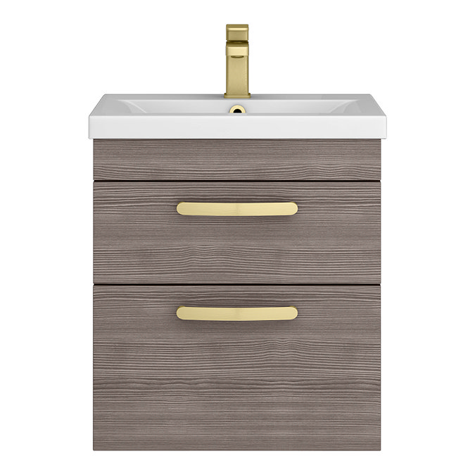 Brooklyn 500mm Grey Avola Wall Hung Vanity Unit - 2 Drawer with Brushed Brass Handles