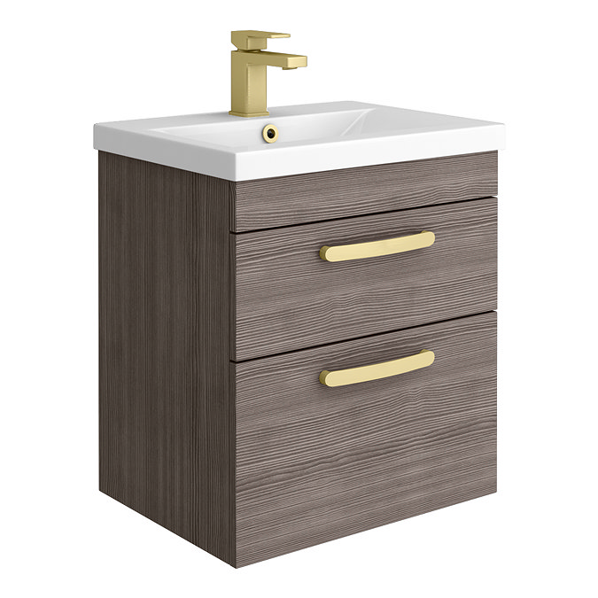 Brooklyn 500mm Grey Avola Wall Hung Vanity Unit - 2 Drawer with Brushed Brass Handles