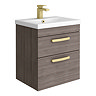 Brooklyn 500mm Grey Avola Wall Hung Vanity Unit - 2 Drawer with Brushed Brass Handles
