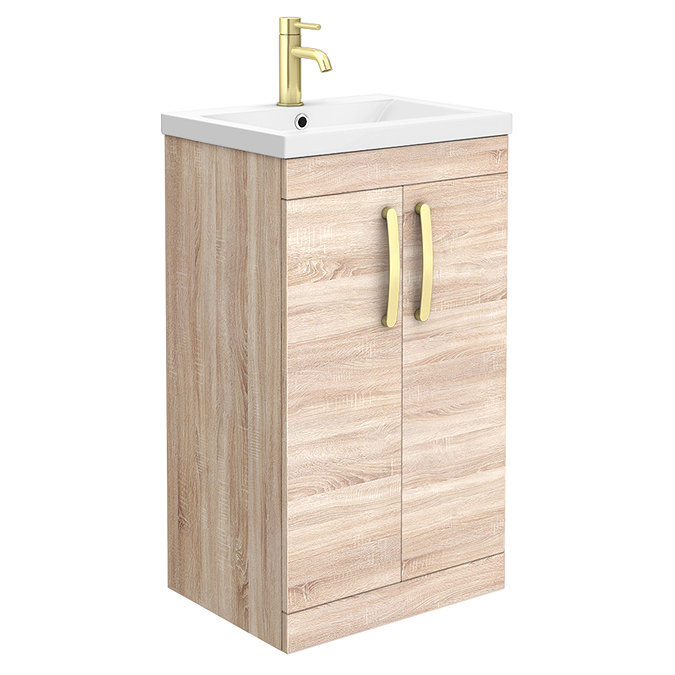 Brooklyn 500mm Natural Oak Vanity Unit with Brushed Brass Handles Large Image