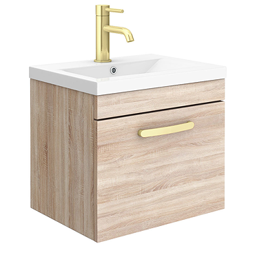 Brooklyn 500mm Natural Oak Wall Hung Vanity Unit - Single Drawer With Brushed Brass Handle