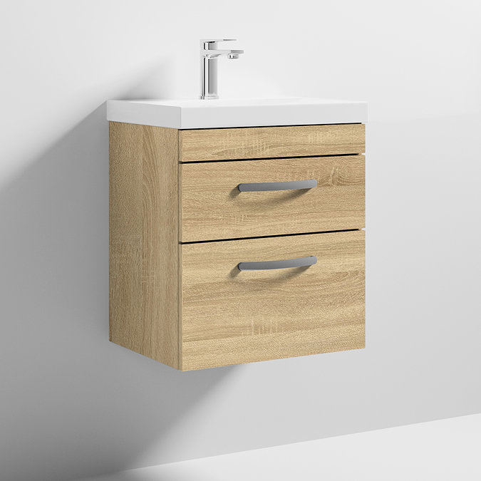 Brooklyn 500mm Natural Oak Wall Hung 2-Drawer Vanity Unit with Thin-Edged Ceramic Basin Standard Large Image