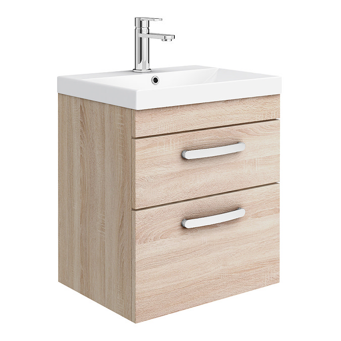 Brooklyn 500mm Natural Oak Wall Hung 2-Drawer Vanity Unit with Thin-Edged Ceramic Basin Large Image