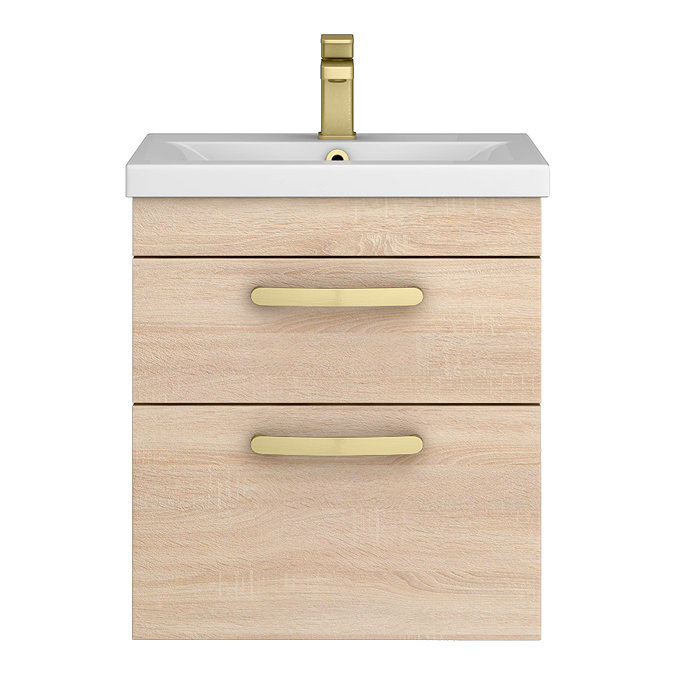 Brooklyn 500mm Natural Oak Wall Hung Vanity Unit - 2 Drawer with Brushed Brass Handles