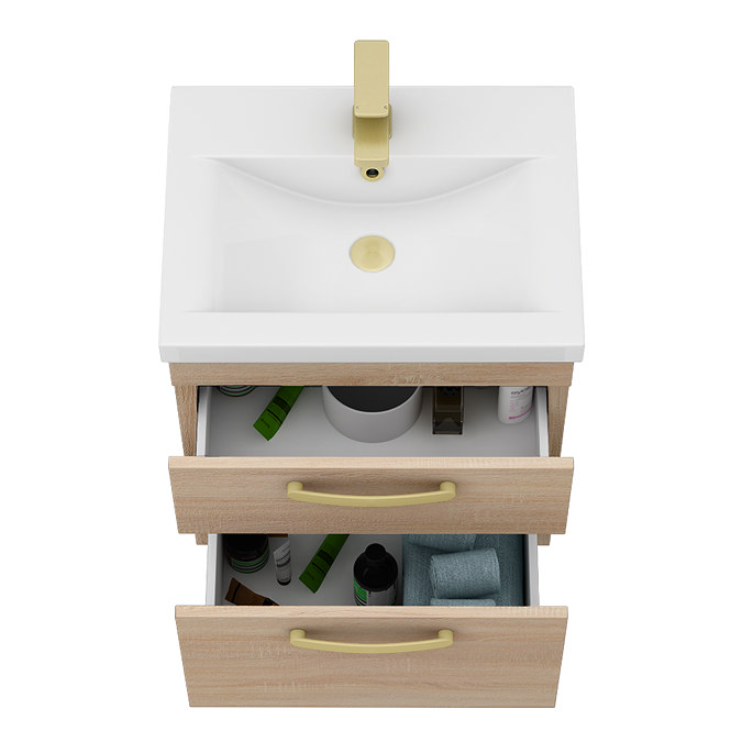 Brooklyn 500mm Natural Oak Wall Hung Vanity Unit - 2 Drawer with Brushed Brass Handles