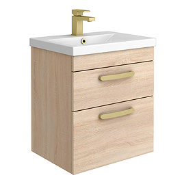 Brooklyn 500mm Natural Oak Wall Hung Vanity Unit - 2 Drawer with Brushed Brass Handles