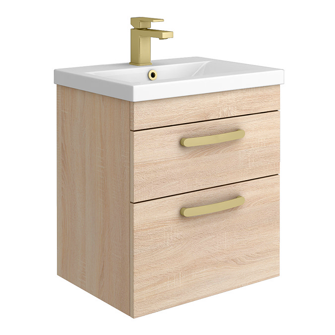 Brooklyn 500mm Natural Oak Wall Hung Vanity Unit - 2 Drawer with Brushed Brass Handles