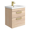 Brooklyn 500mm Natural Oak Wall Hung Vanity Unit - 2 Drawer with Brushed Brass Handles