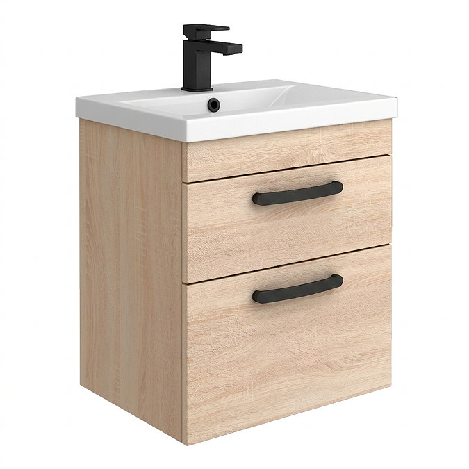 Brooklyn 500mm Natural Oak Wall Hung Vanity Unit - 2 Drawer - Matt Black Handles