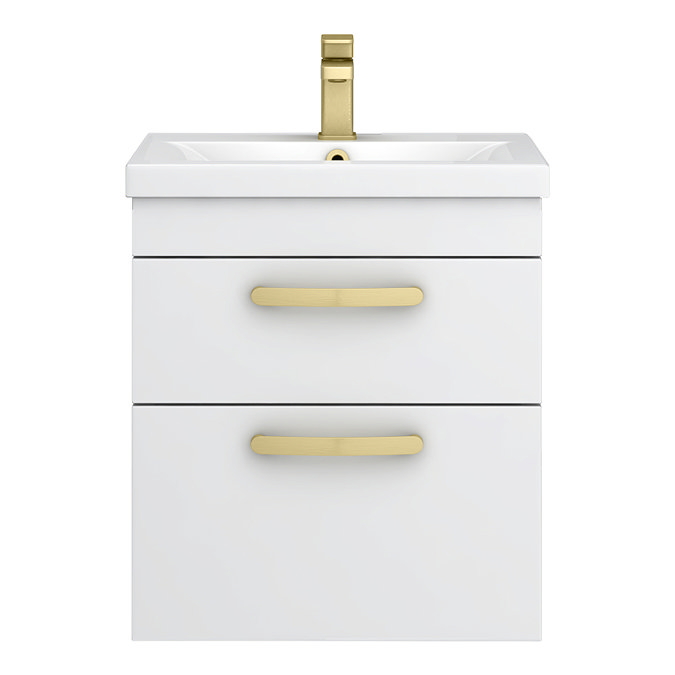 Brooklyn 500mm White Gloss Wall Hung Vanity Unit - 2 Drawer with Brushed Brass Handles
