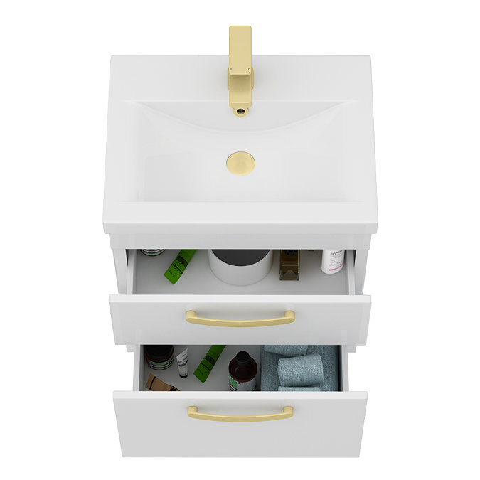 Brooklyn 500mm White Gloss Wall Hung Vanity Unit - 2 Drawer with Brushed Brass Handles