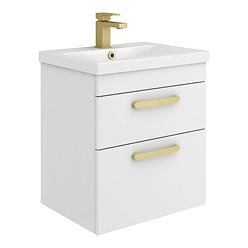 Brooklyn 500mm White Gloss Wall Hung Vanity Unit - 2 Drawer with Brushed Brass Handles