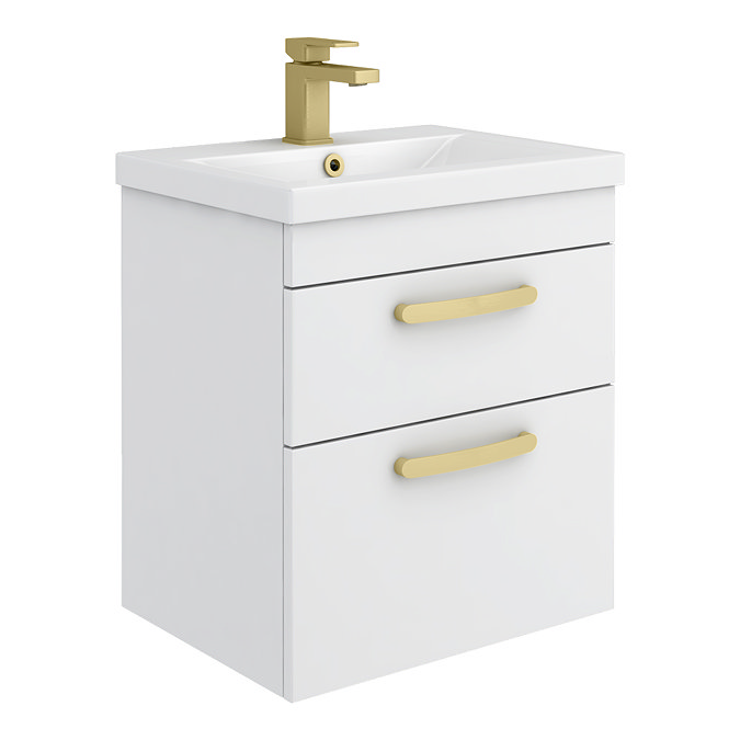 Brooklyn 500mm White Gloss Wall Hung Vanity Unit - 2 Drawer with Brushed Brass Handles
