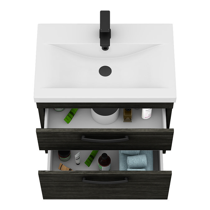 Brooklyn 600mm Black Wall Hung Vanity Unit - 2 Drawer with Matt Black Handles