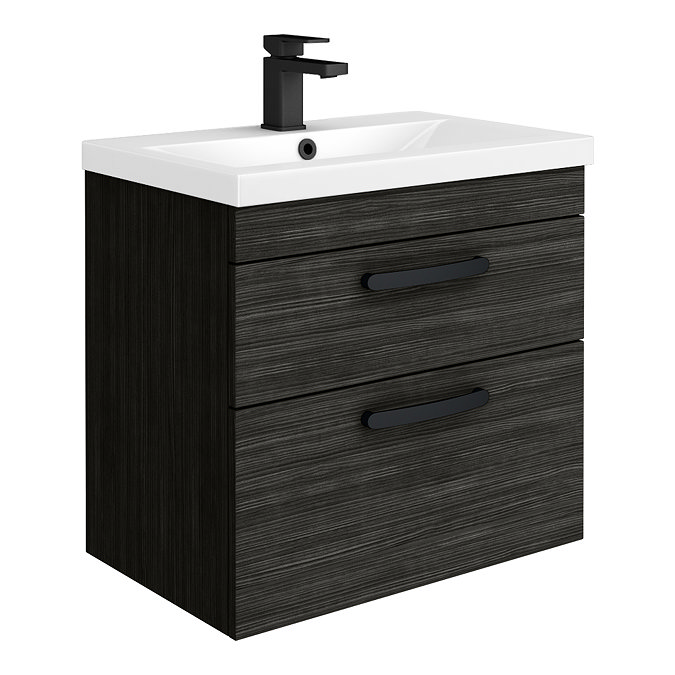 Brooklyn 600mm Black Wall Hung Vanity Unit - 2 Drawer with Matt Black Handles