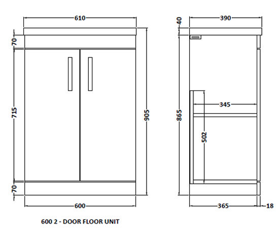 Brooklyn 600mm Brown Oak Vanity Unit - Floor Standing 2 Door Unit
