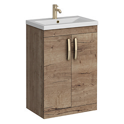 Brooklyn 600mm Brown Oak Vanity Unit with Brushed Brass Handles