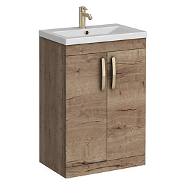 Brooklyn 600mm Brown Oak Vanity Unit with Brushed Brass Handles