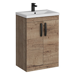 Brooklyn 600mm Brown Oak Vanity Unit with Matt Black Handles