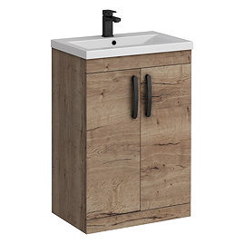 Brooklyn 600mm Brown Oak Vanity Unit with Matt Black Handles