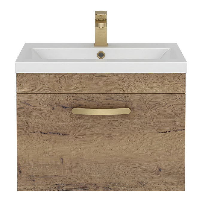 Brooklyn 600mm Brown Oak Wall Hung Vanity Unit - Single Drawer with Brushed Brass Handle