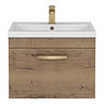 Brooklyn 600mm Brown Oak Wall Hung Vanity Unit - Single Drawer with Brushed Brass Handle