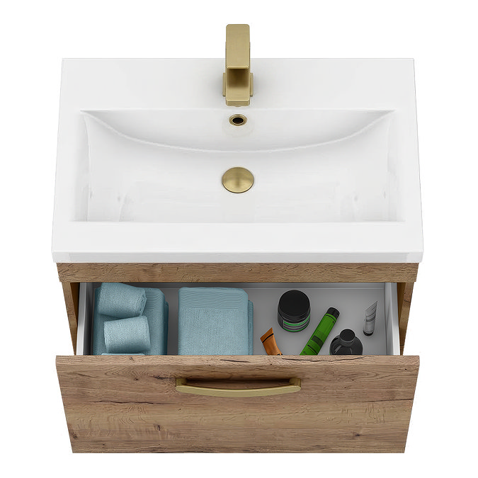 Brooklyn 600mm Brown Oak Wall Hung Vanity Unit - Single Drawer with Brushed Brass Handle