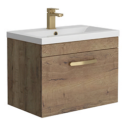 Brooklyn 600mm Brown Oak Wall Hung Vanity Unit - Single Drawer with Brushed Brass Handle