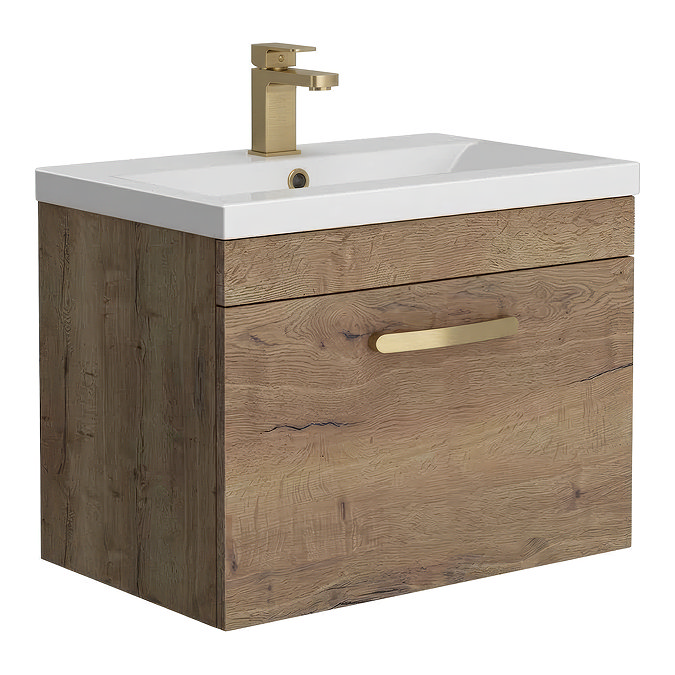 Brooklyn 600mm Brown Oak Wall Hung Vanity Unit - Single Drawer with Brushed Brass Handle