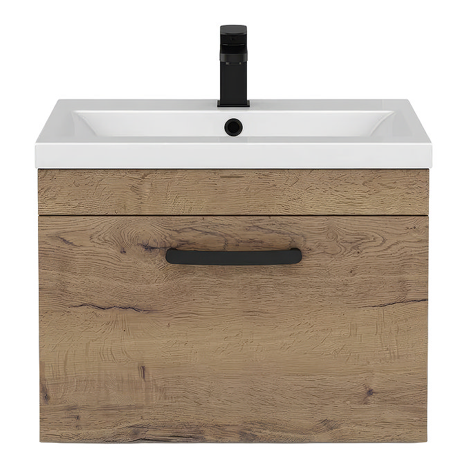 Brooklyn 600mm Brown Oak Wall Hung Vanity Unit - Single Drawer With Matt Black Handle