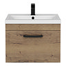 Brooklyn 600mm Brown Oak Wall Hung Vanity Unit - Single Drawer With Matt Black Handle
