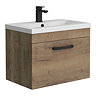 Brooklyn 600mm Brown Oak Wall Hung Vanity Unit - Single Drawer With Matt Black Handle