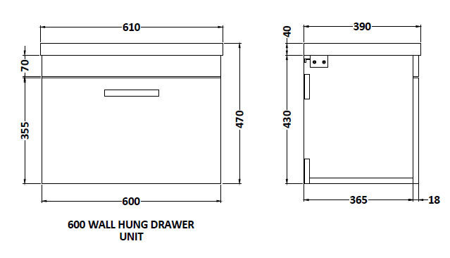 Brooklyn 600mm Brown Oak Wall Hung Vanity Unit - Single Drawer