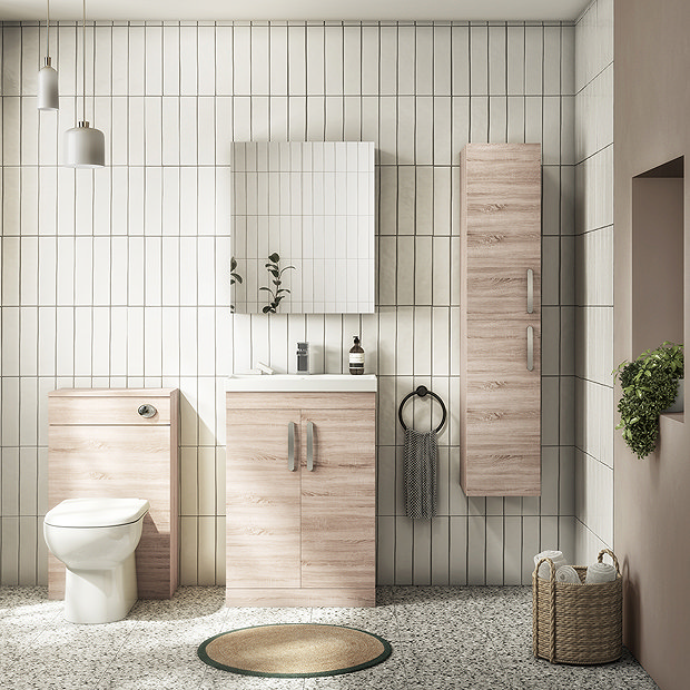 Brooklyn 600 Natural Oak Floor Standing Vanity Unit with Thin-Edge Basin  In Bathroom Large Image