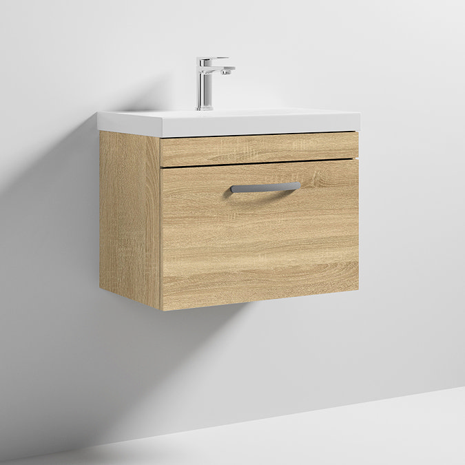 Brooklyn 600 Natural Oak Wall Hung 1-Drawer Vanity Unit with Thin-Edge Basin Standard Large Image