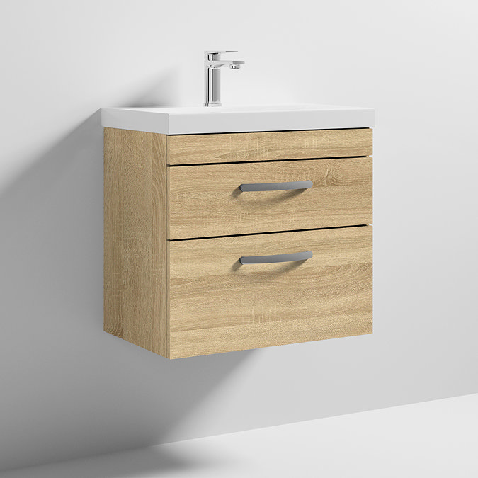 Brooklyn 600 Natural Oak Wall Hung 2 Drawer Vanity Unit with Thin-Edge Basin Standard Large Image
