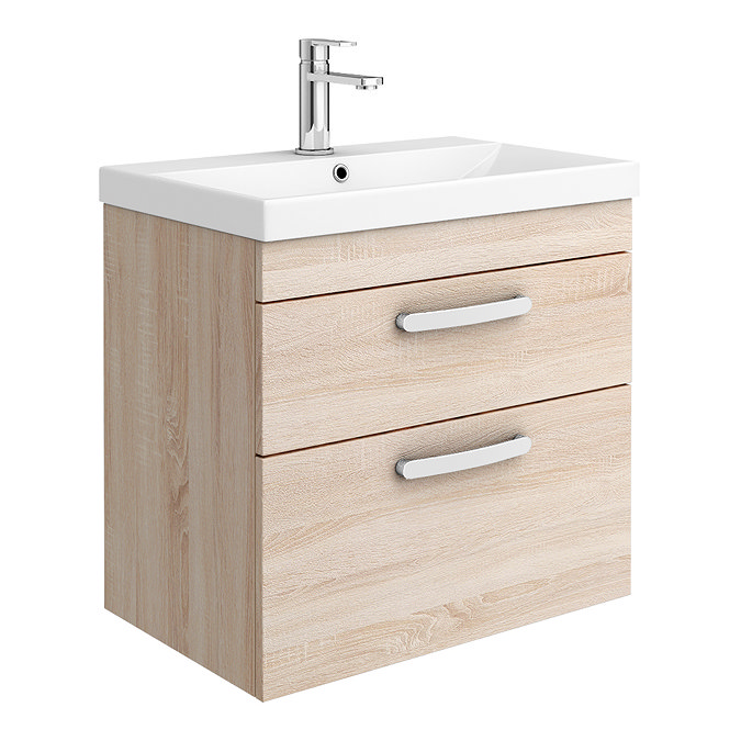 Brooklyn 600 Natural Oak Wall Hung 2 Drawer Vanity Unit with Thin-Edge Basin Large Image