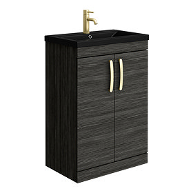 Brooklyn 600mm Black Floor Standing Vanity Unit with Matt Black Basin + Brass Handles Large Image