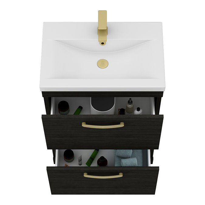 Brooklyn 600mm Black Vanity Unit - Floor Standing 2 Drawer Unit with Brushed Brass Handles
