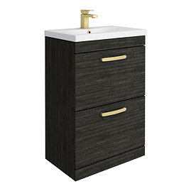 Brooklyn 600mm Black Vanity Unit - Floor Standing 2 Drawer Unit with Brushed Brass Handles