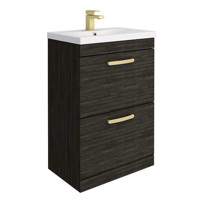Brooklyn 600mm Black Vanity Unit - Floor Standing 2 Drawer Unit with Brushed Brass Handles