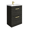 Brooklyn 600mm Black Vanity Unit - Floor Standing 2 Drawer Unit with Brushed Brass Handles