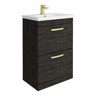 Brooklyn 600mm Black Vanity Unit - Floor Standing 2 Drawer Unit with Brushed Brass Handles