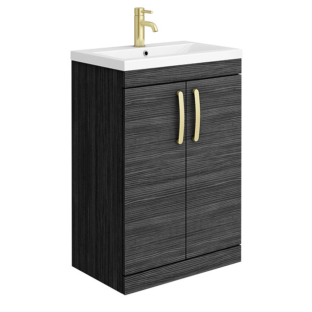 Brooklyn 600mm Black Vanity Unit with Brushed Brass Handles Large Image