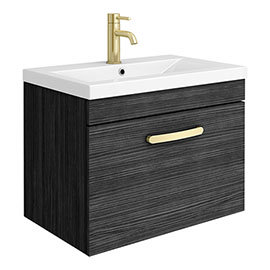 Brooklyn 600mm Black Wall Hung 1-Drawer Vanity Unit with Brushed Brass Handle Medium Image