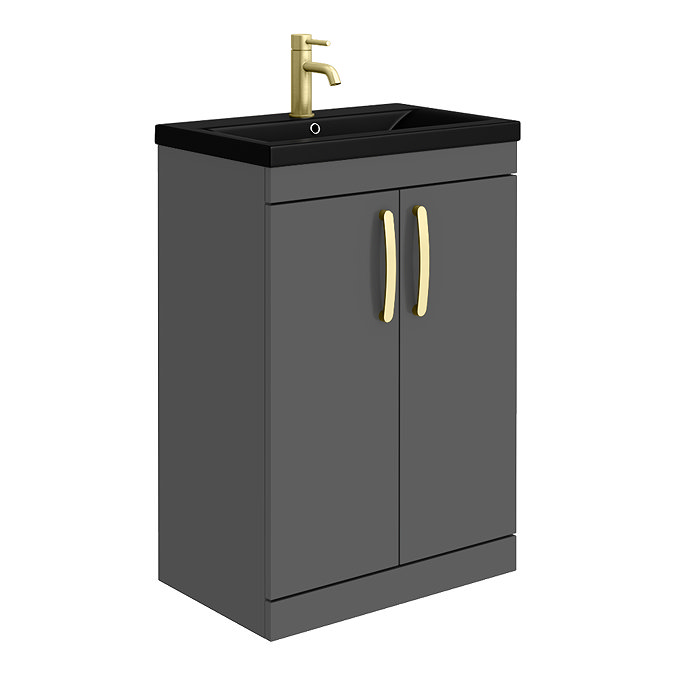 Brooklyn 600mm Gloss Grey Floor Standing Vanity Unit with Matt Black Basin + Brass Handles Large Ima