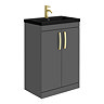 Brooklyn 600mm Gloss Grey Floor Standing Vanity Unit with Matt Black Basin + Brass Handles Large Ima