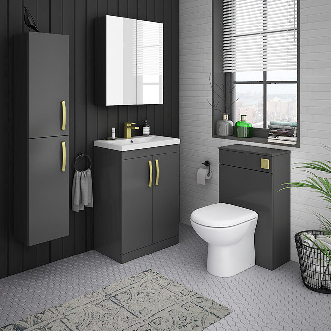 Brooklyn 600mm Gloss Grey Vanity Unit with Brushed Brass Handles Standard Large Image