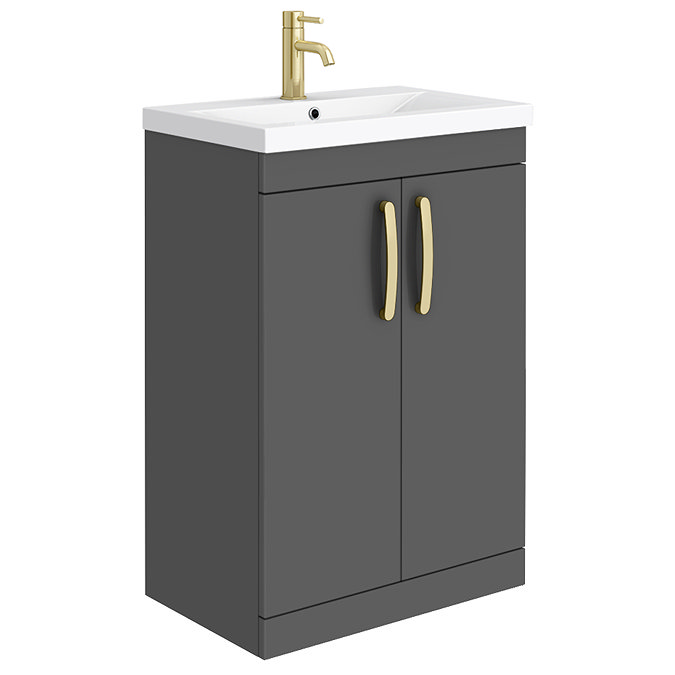 Brooklyn 600mm Gloss Grey Vanity Unit with Brushed Brass Handles Large Image