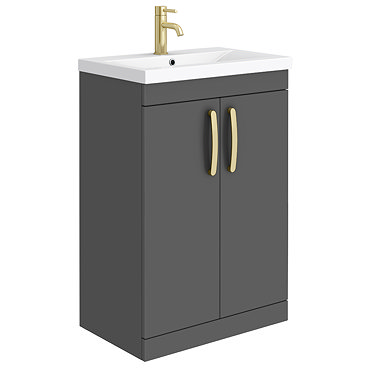 Brooklyn 600mm Gloss Grey Vanity Unit with Brushed Brass Handles  Profile Large Image